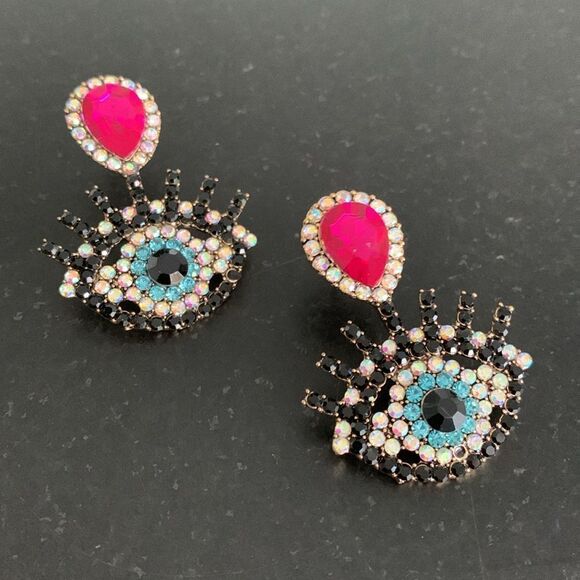 Colorful Eye Mosaic Crystal Rhinestone Earrings, Evil Eye Studs, Pink Protection - Picture 7 of 11